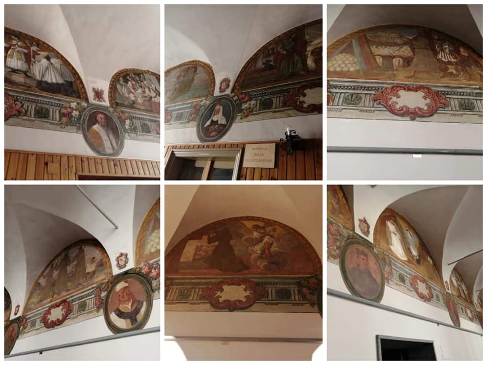 i restaurati affreschi che abbelliscono il chiostro del convento dei frati minori di Biancavilla