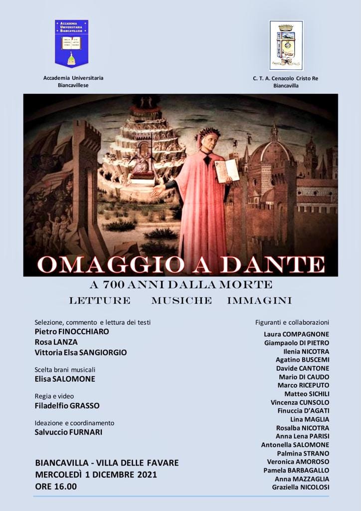 700 Dante: la locandina dell'evento che celebra Dante a Biancavilla, nei locali di Villa delle Favare.