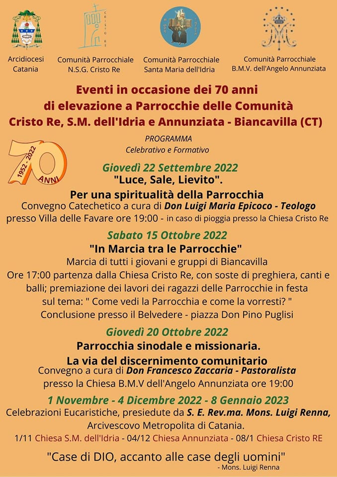 La locandina delle iniziative per celebrare i 70 anni dell'elevazione a parrocchie delle comunità dell'Idria, Annunziata e Cristo Re