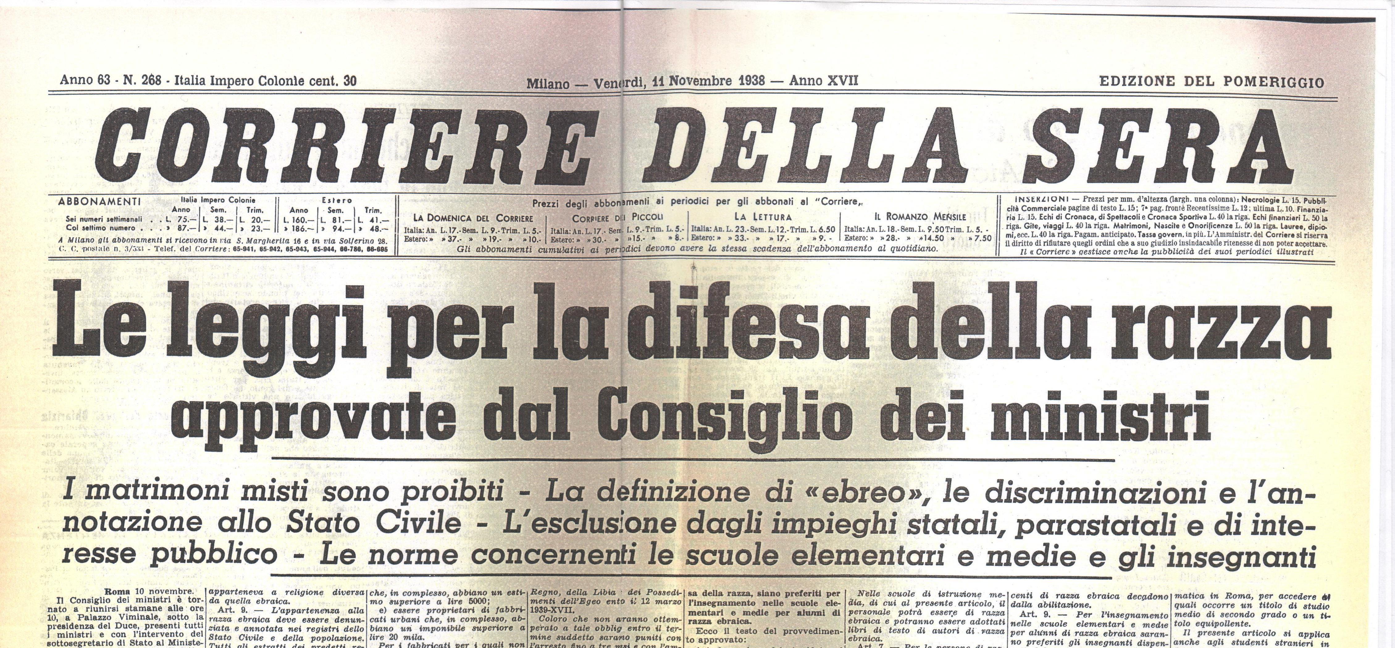 giorno della memoria - immagine del Corriere del 1938