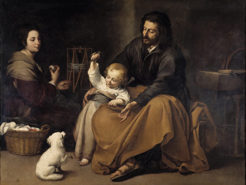 Dad - Painting depicting the Holy Family with Joseph holding up the Child while playing with a dog in the presence of Mary engaged at the spinning wheel