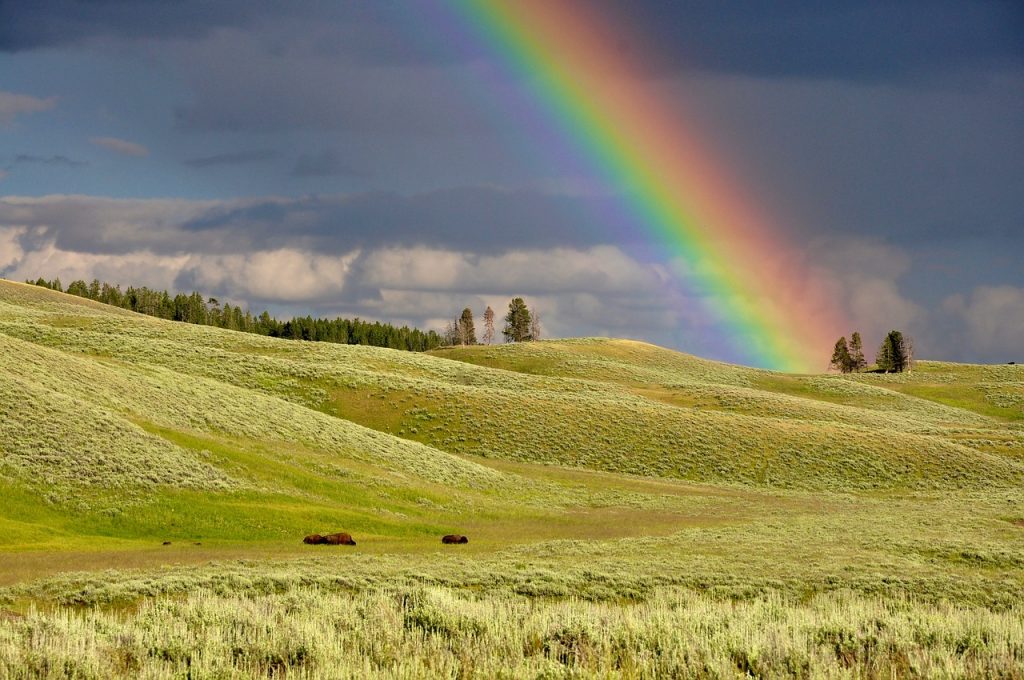 March - Landscape with green hills dominated by a rainbow