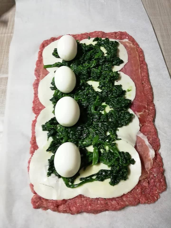 base of meatloaf with galbanone, eggs and spinach