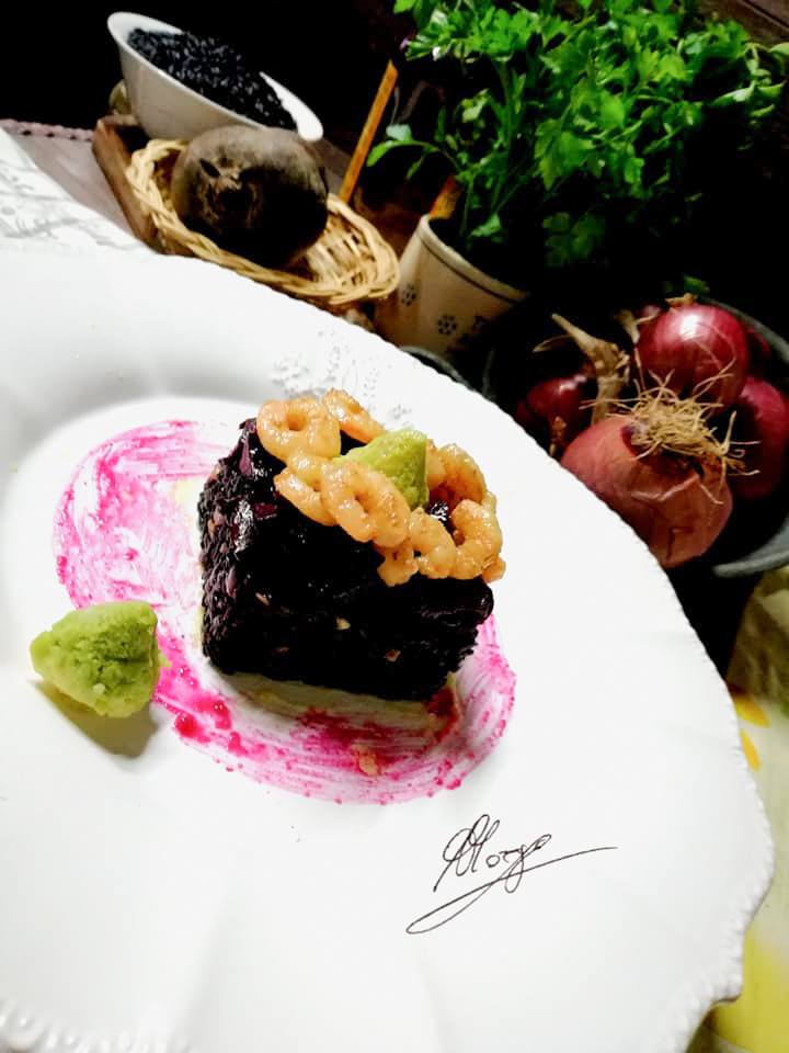 dish with square of venus rice beetroot and shrimps