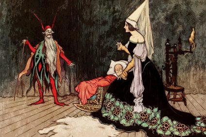 Fairy Tale Festival. Fairy tale illustration in which a fairy assists a child in bed in the presence of an elf