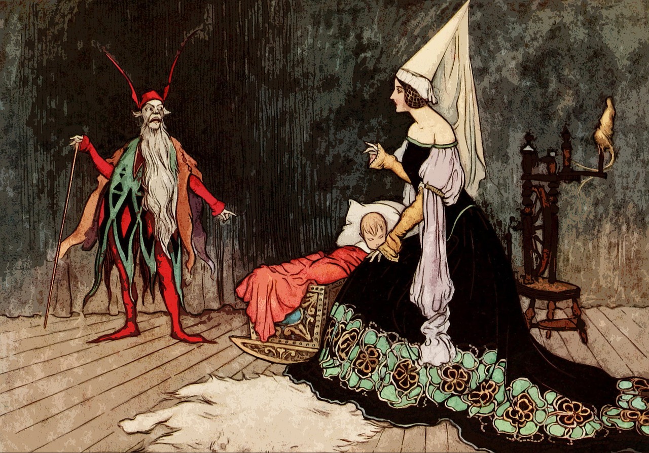 Fairy Tale Festival. Fairy tale illustration in which a fairy assists a child in bed in the presence of an elf