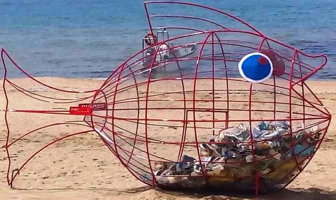 plastic-eating fish on a beach