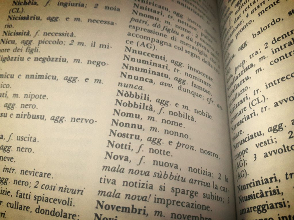 pagina di un vocabolario di Dialetto siciliano