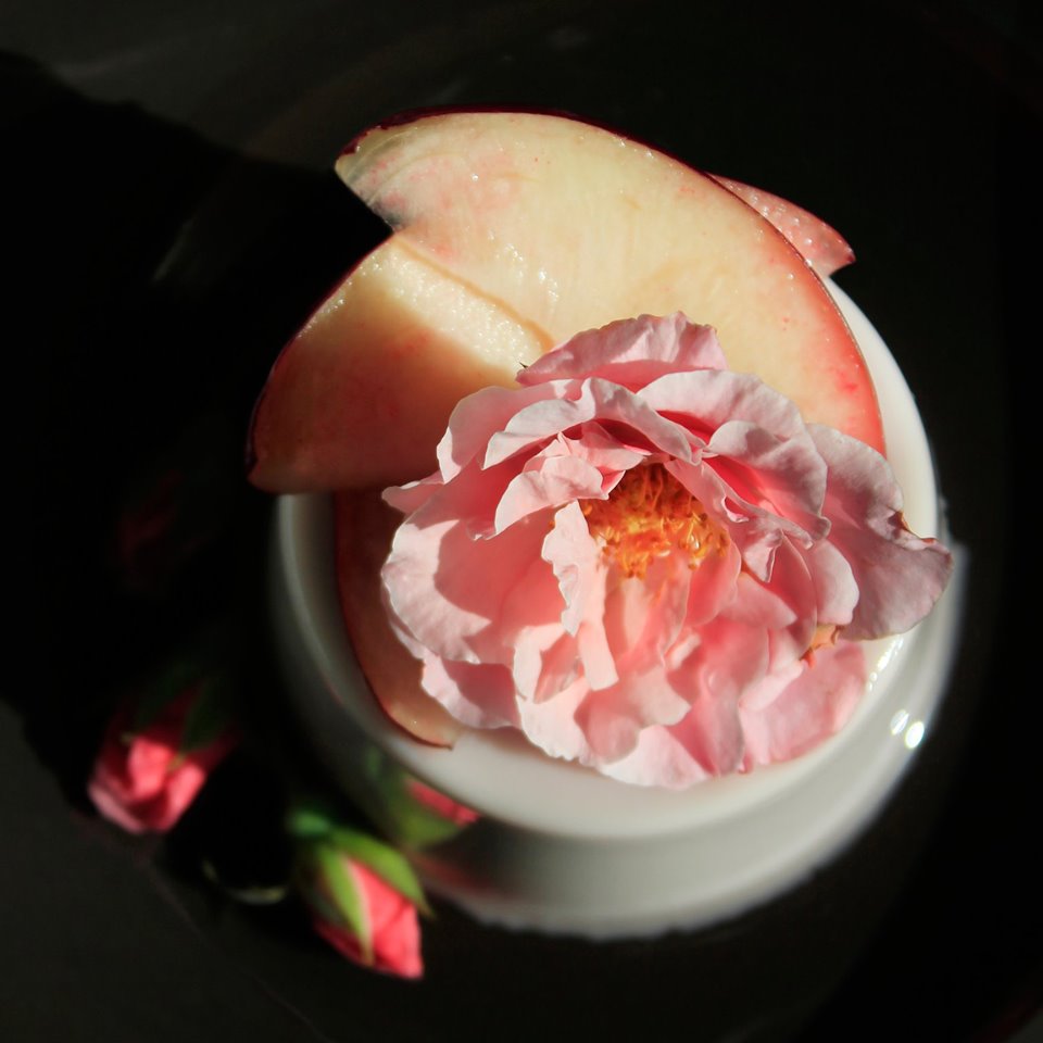 Panna cotta with peaches with rose syrup seen from above