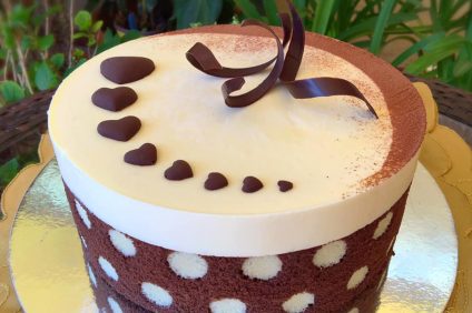 polka dot cake decorated with white and dark chocolate