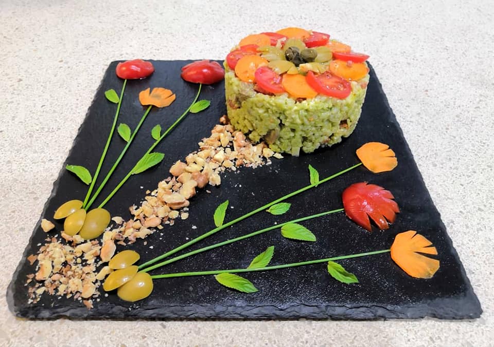 composition of the rice salad among flowers