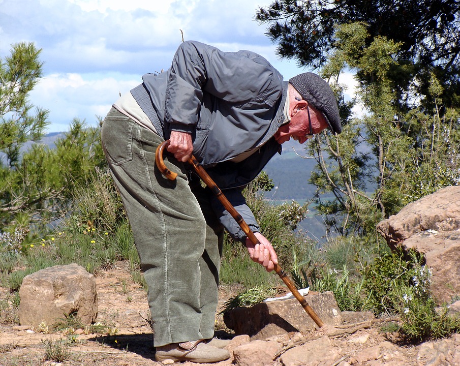 green - a grandfather tries to move something off the ground with his walking stick