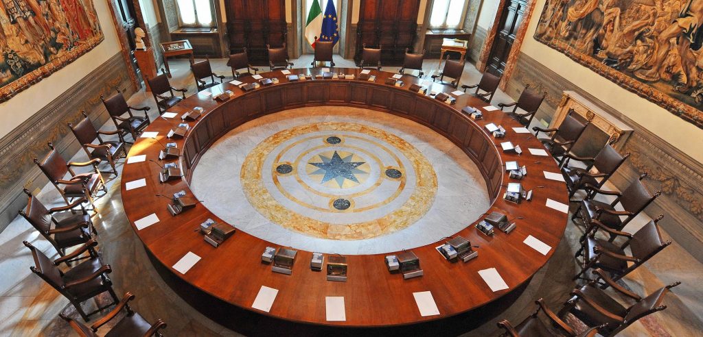 La sala del consiglio dei ministri a Palazzo Chigi