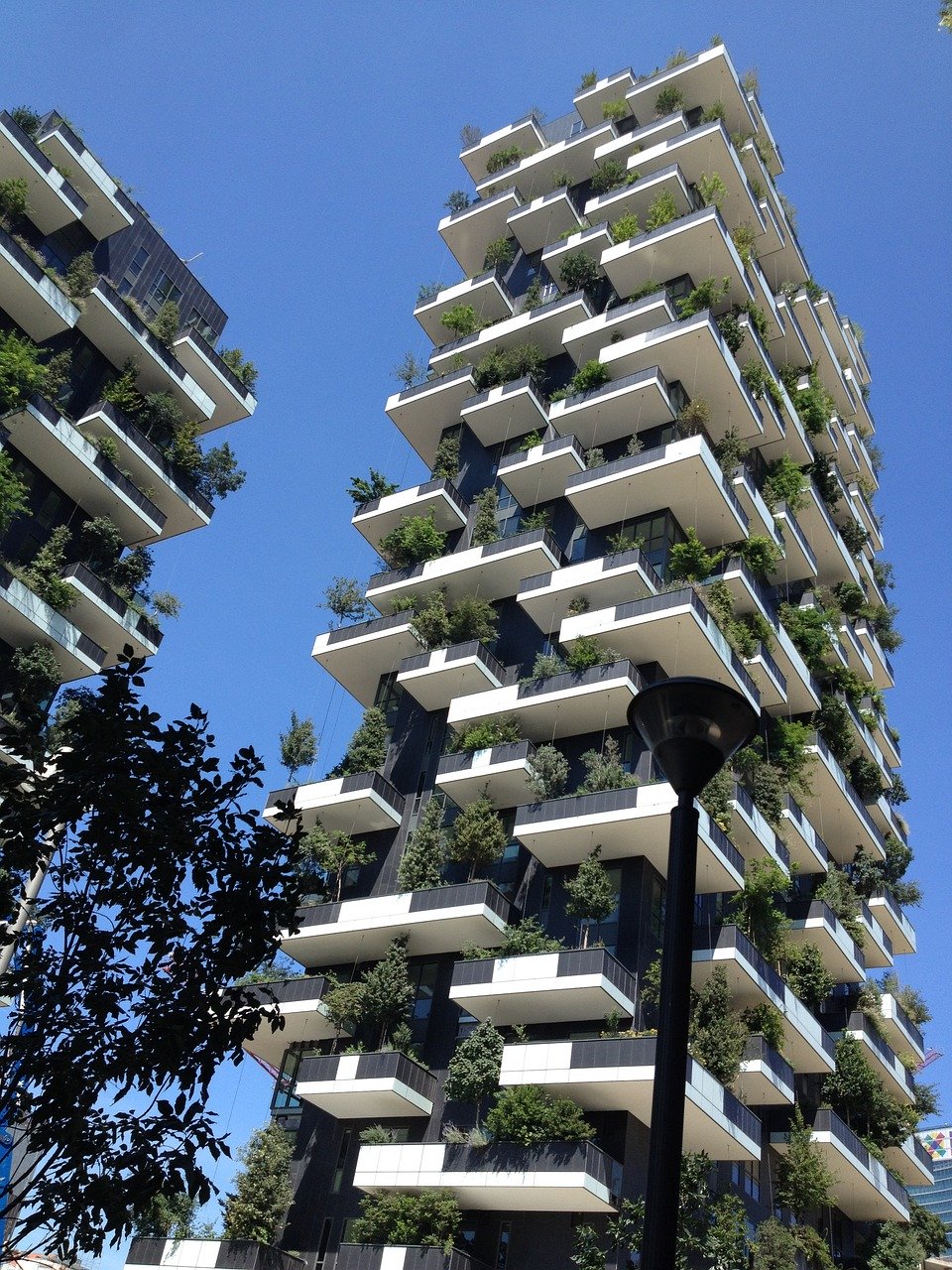 borghi - un palazzo molto alto con alberi ai balconi 