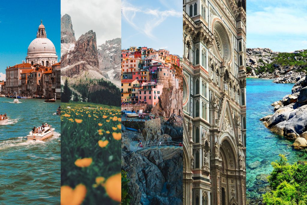 Collage italienische Schönheiten Venedig Dolomiten Cinque Terre Florenz Sardinien