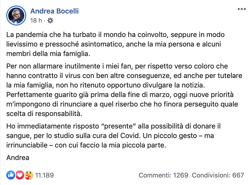 mensaje de Bocelli en facebook