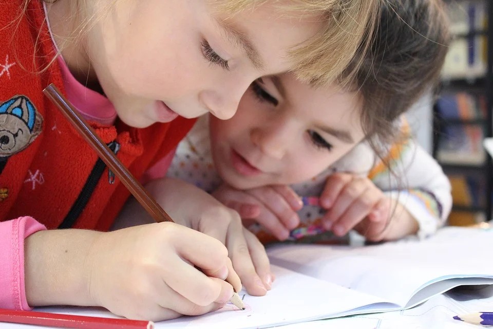 Scuole in azienda - due bimbi intenti allo studio - schools in companies: two children studying