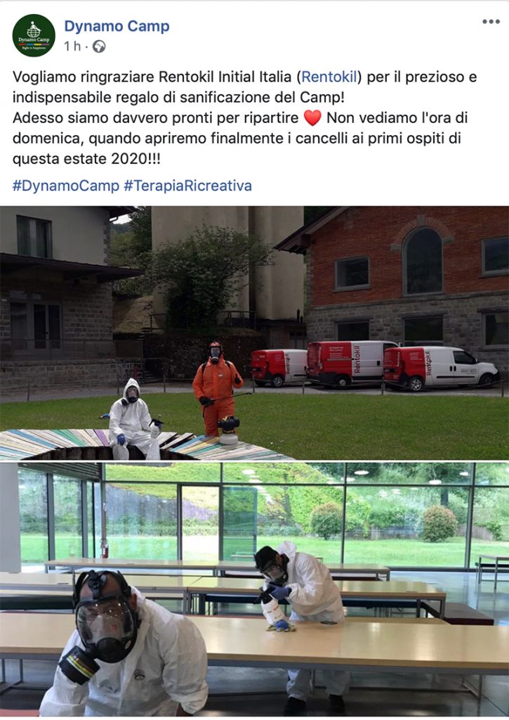 Dynamo Camp - post facebook momento della sanificazione