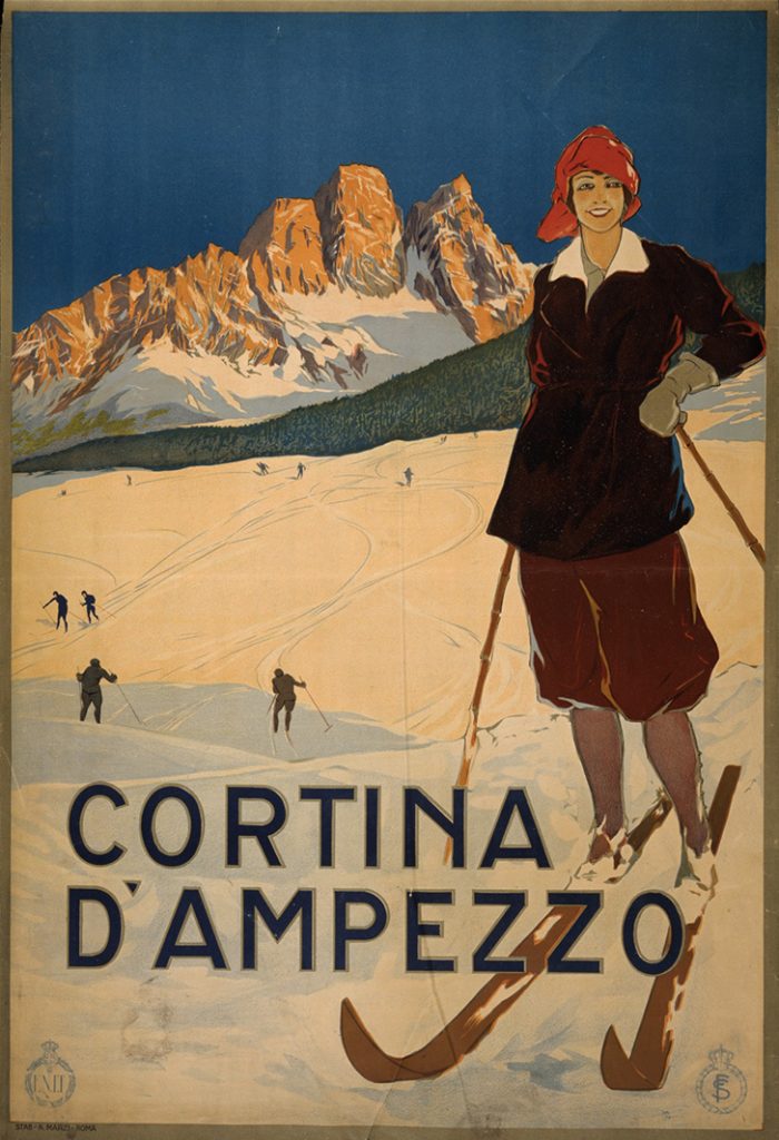 plastic - old poster of girl on mountain on skis - plastic - old poster of girl on mountain on skis