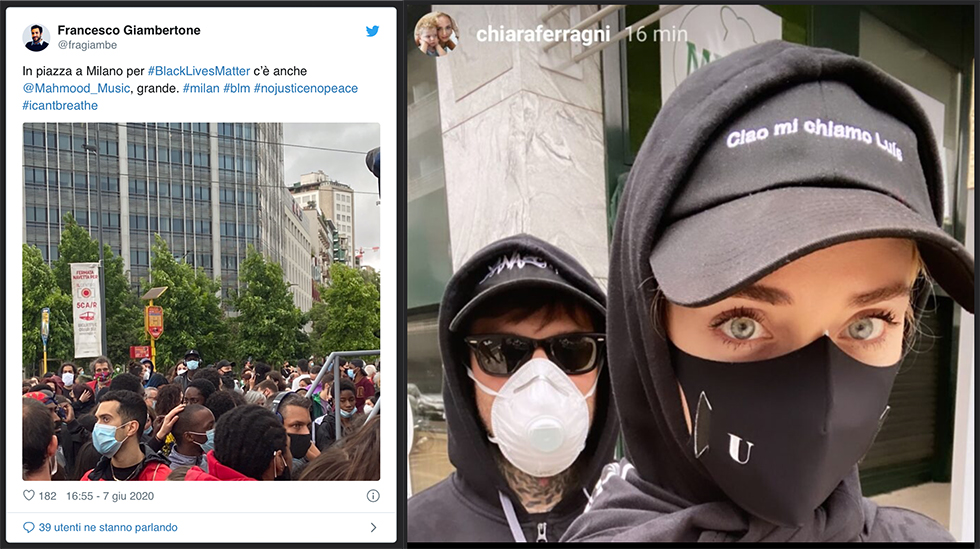 Italia se arrodilla - un tweet de Francesco Giambertone y una foto de Chiara Ferragni y fedez con máscara - Italia se arrodilla - un tweet de Francesco Giambertone y una foto de Chiara Ferragni y fedez con máscara