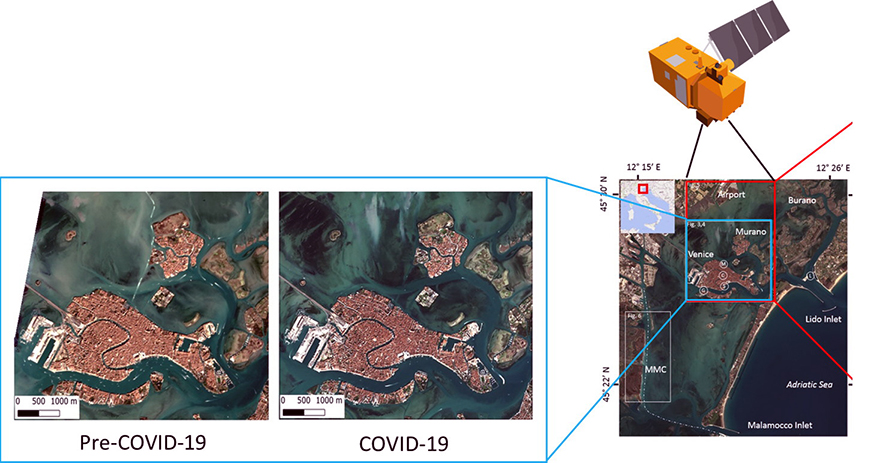 two photos of Venice collected by the satellite that indicate the density of the white trails before and after the lockdown