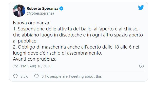 Máscaras - tweet del ministro Speranza