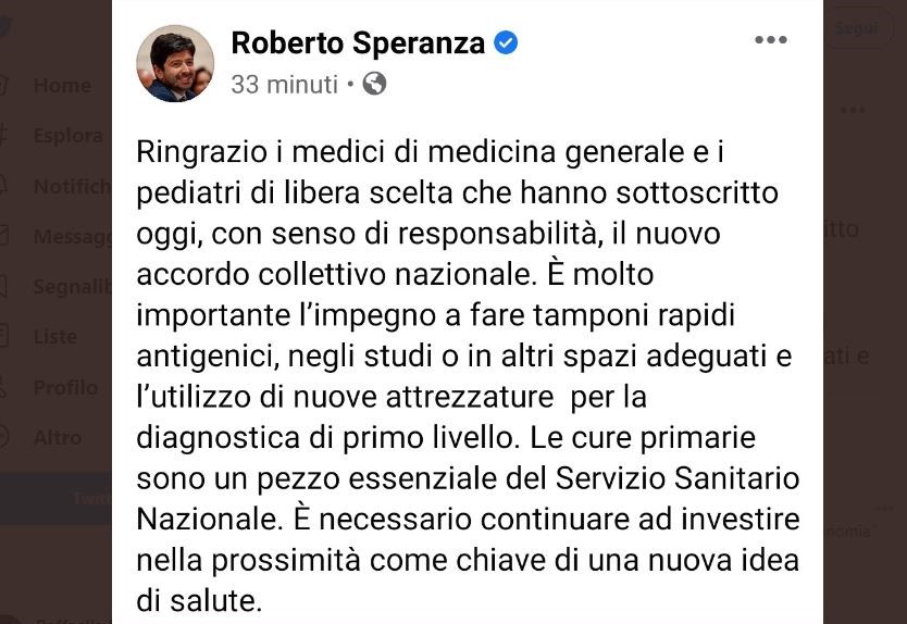 contagions - message from Roberto Speranza
