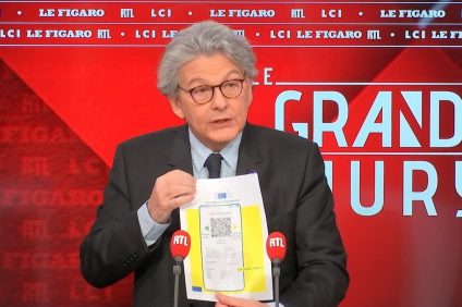 European Health Passport - Thierry Breton shows the certificate to RTL