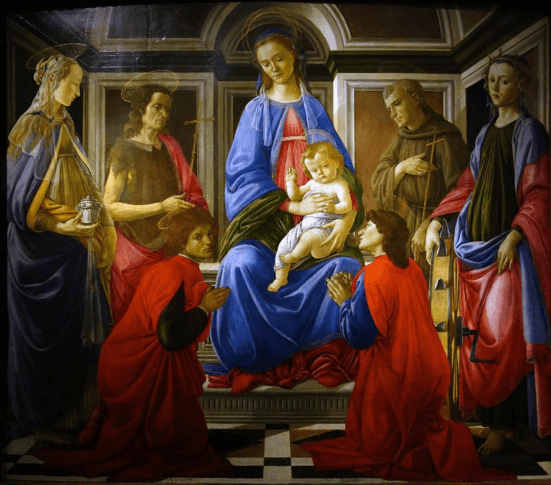 Sandro Botticelli - Madonna col bambino in trono e i santi Giovanni Battista, Maria Maddalena, Francesco, Caterina d’Alessandria, Cosma e Damiano