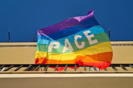 Ukrainian refugees in Milan - Peace flag flying on balcony