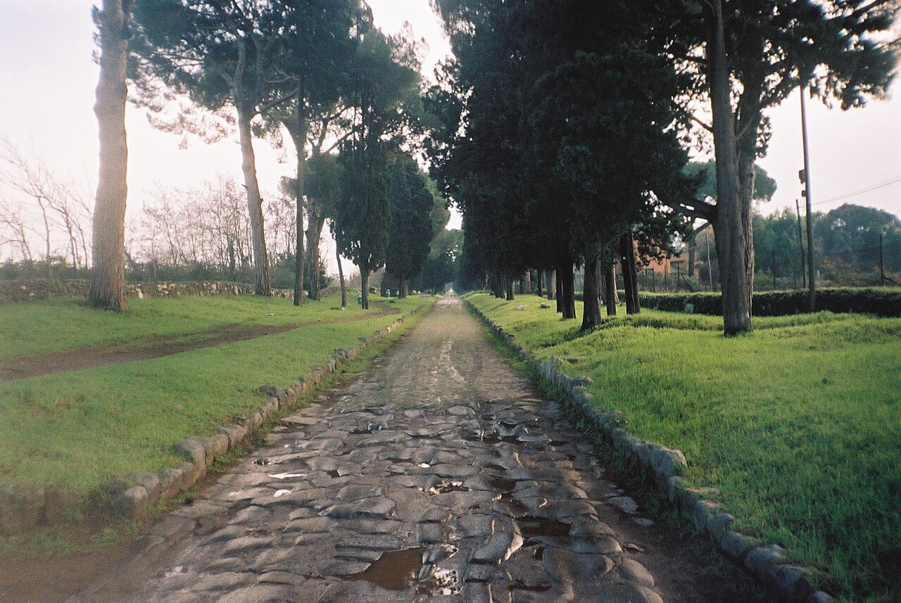 Via Appia Antica a Roma con pini.