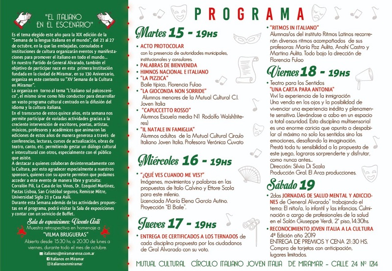 Semana de la Lengua Italiana - Programa de actividades en la Mutual Cultural Círculo Italiano Joven Italia de Miramar.