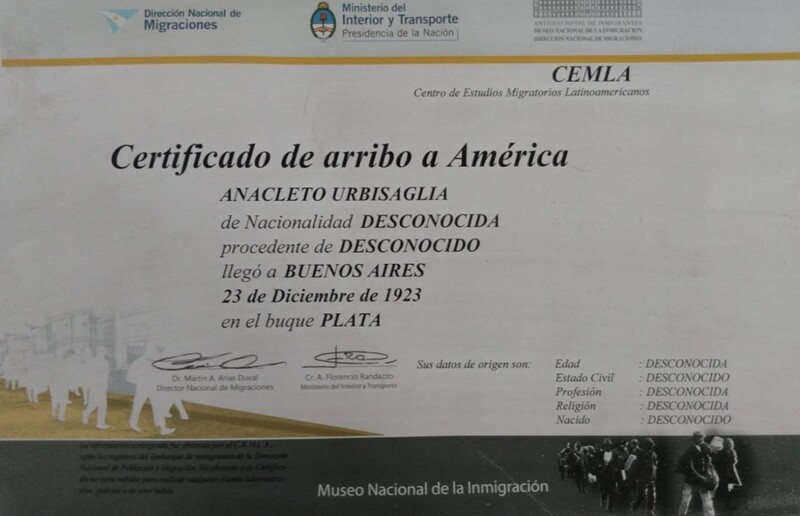 Anacleto Urbisaglia - Certificado De Inmigracion.