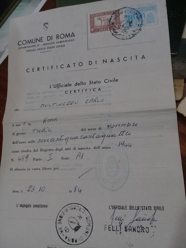 Orfebre - su certificado de nacimiento De Carlo Multineddu